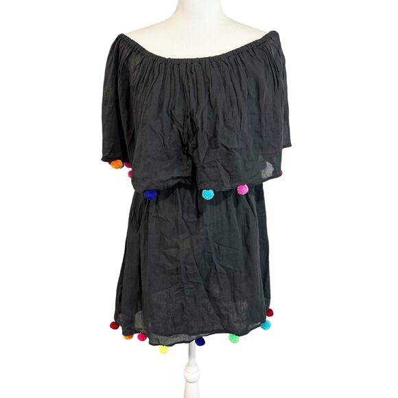 Pitusa Womens Dress Off Shoulder Black Pom Pom Size M/L Cotton Beachy Gypsy - Picture 1 of 5